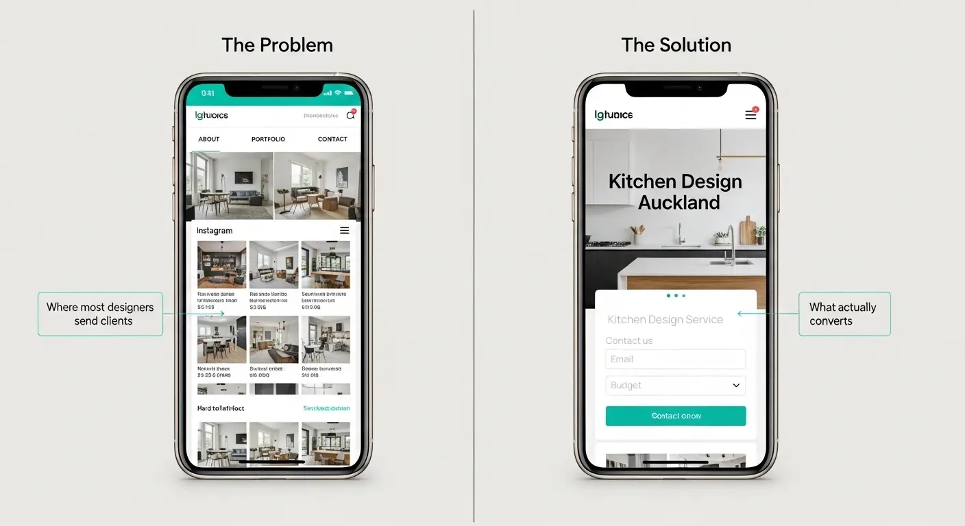 An image showing a split screen of a busy project page and a clean simple form, juxtaposing the two to show the difference a good service page can make.