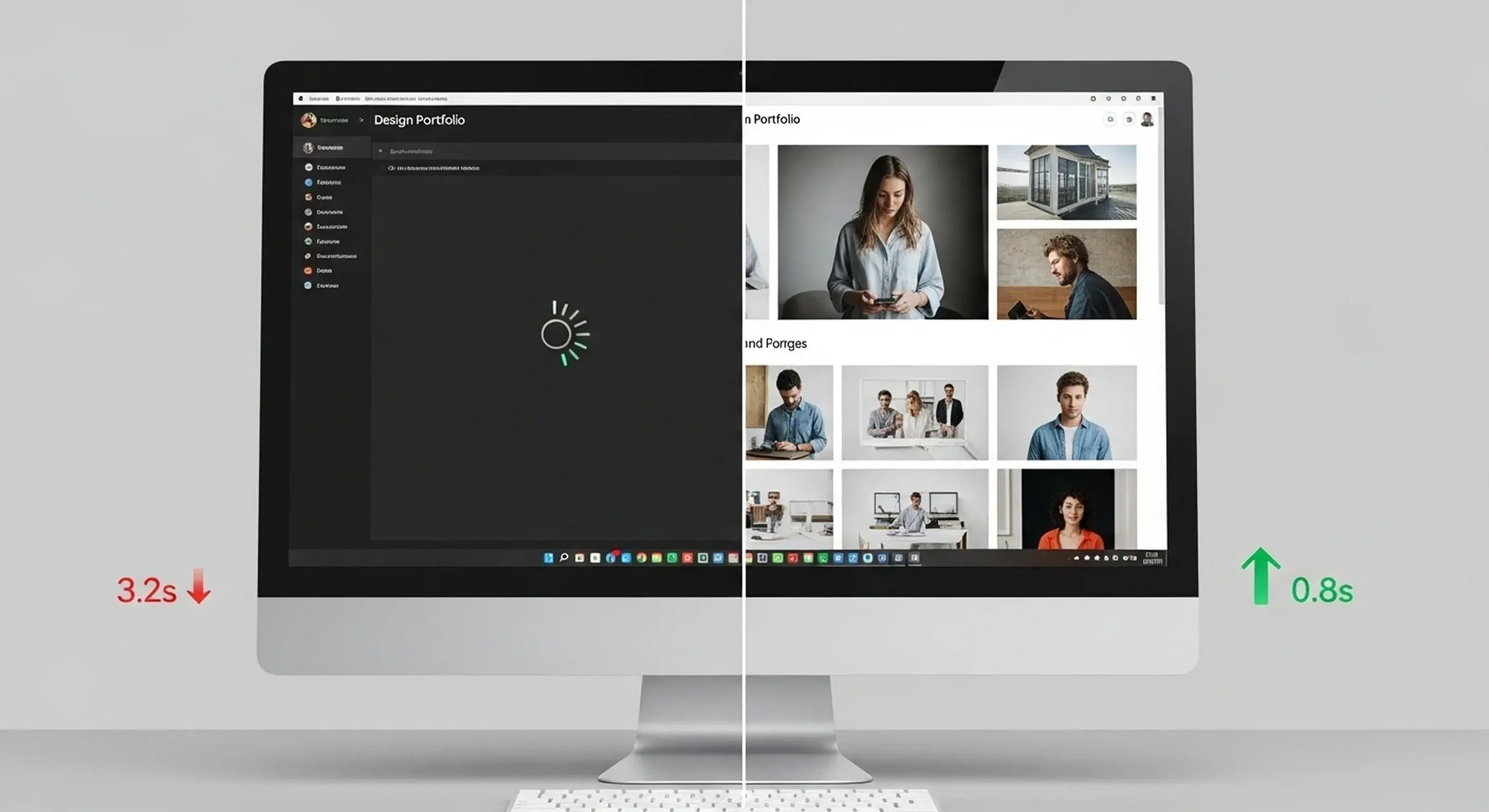 Sleek creative workspace with a laptop auto-formatting a design portfolio—no hands on keyboard, just drag, drop, done.