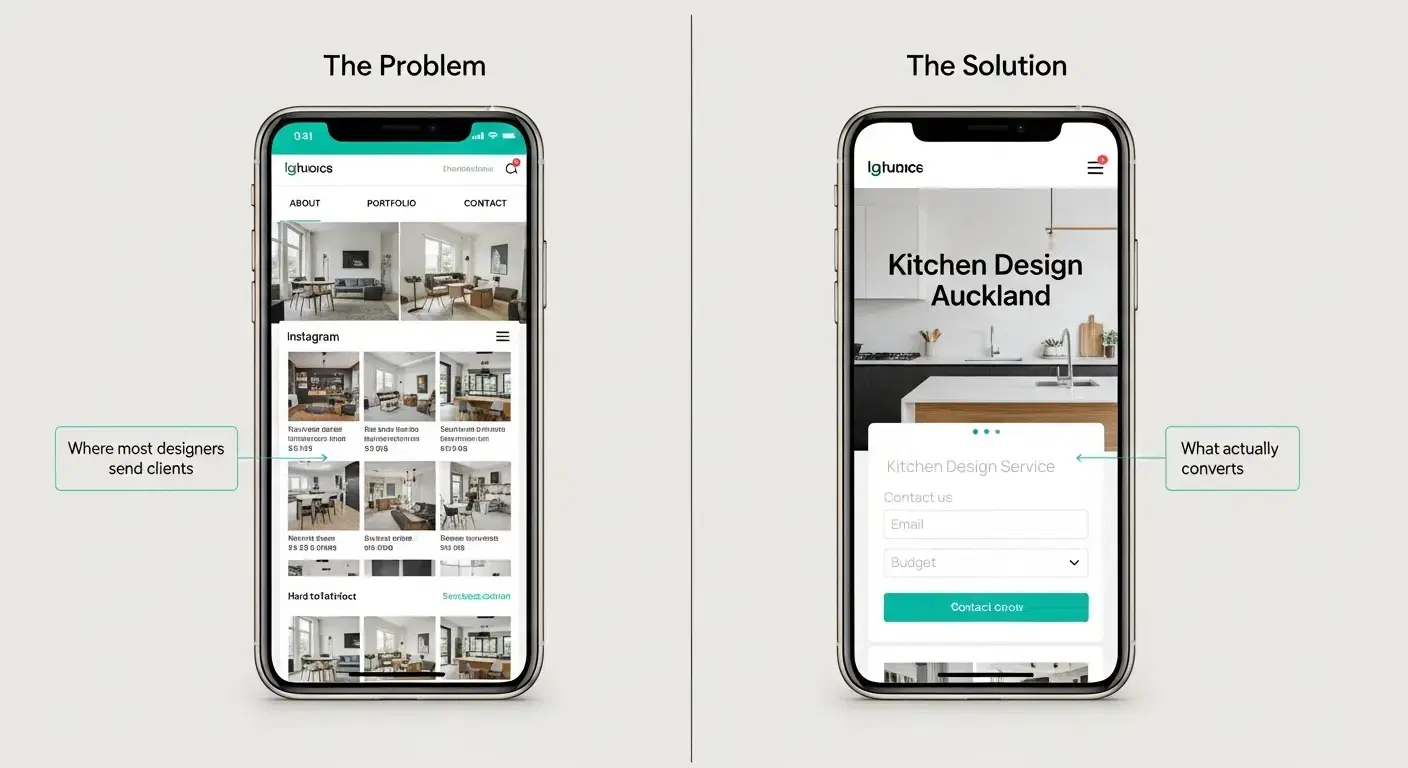 An image showing a split screen of a busy project page and a clean simple form, juxtaposing the two to show the difference a good service page can make.
