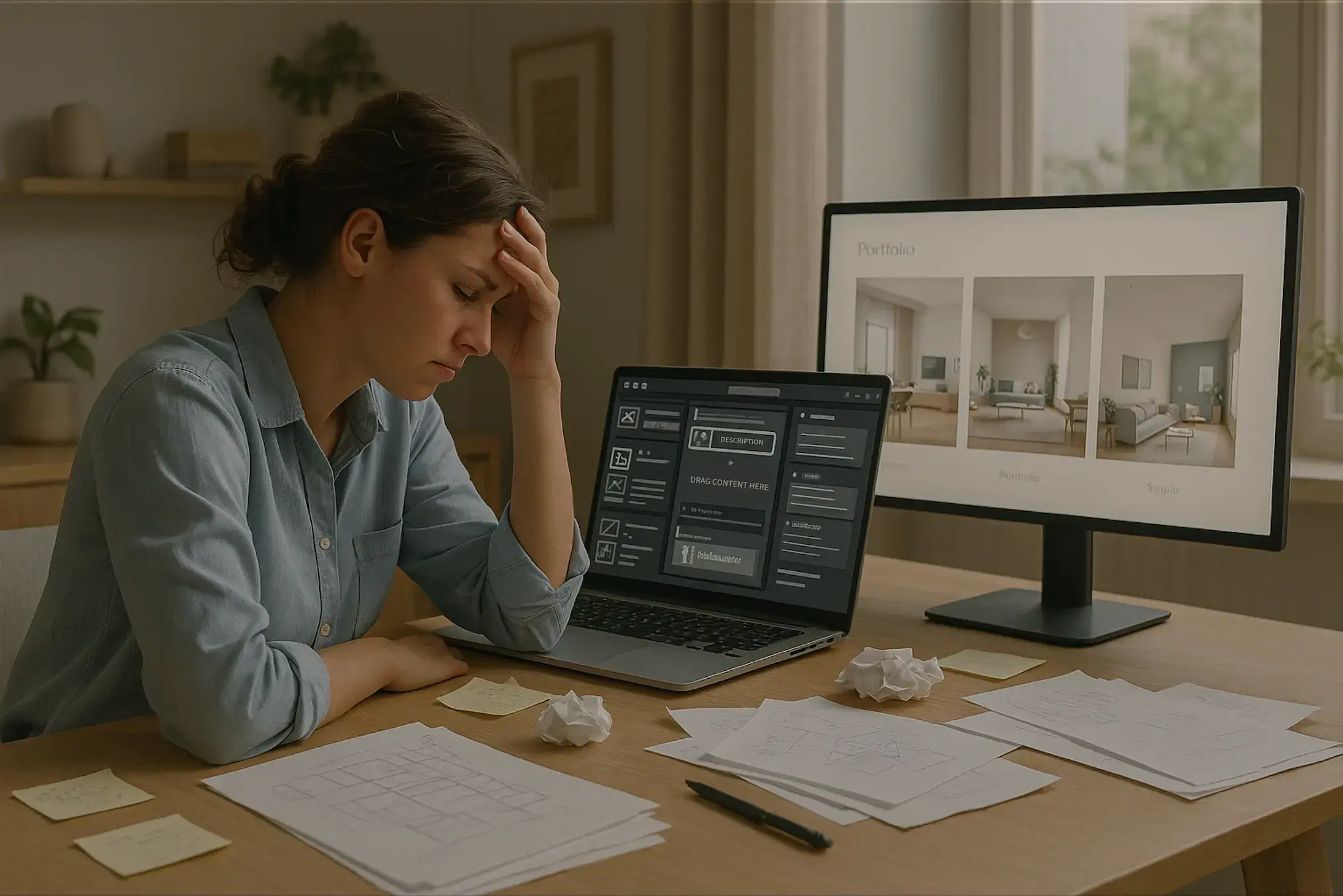 Interior designer looking stressed while working on her portfolio, capturing the common frustration creatives feel with traditional website builders.